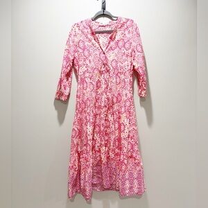 Zara Pink Patterned Bohemian Maxi Dress with Three-Quarter Sleeves Tiered Sz L